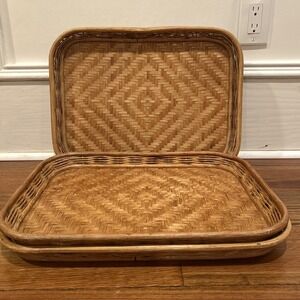 Vintage tiki bamboo rataan lap serving trays - Set of 4 - solid backs